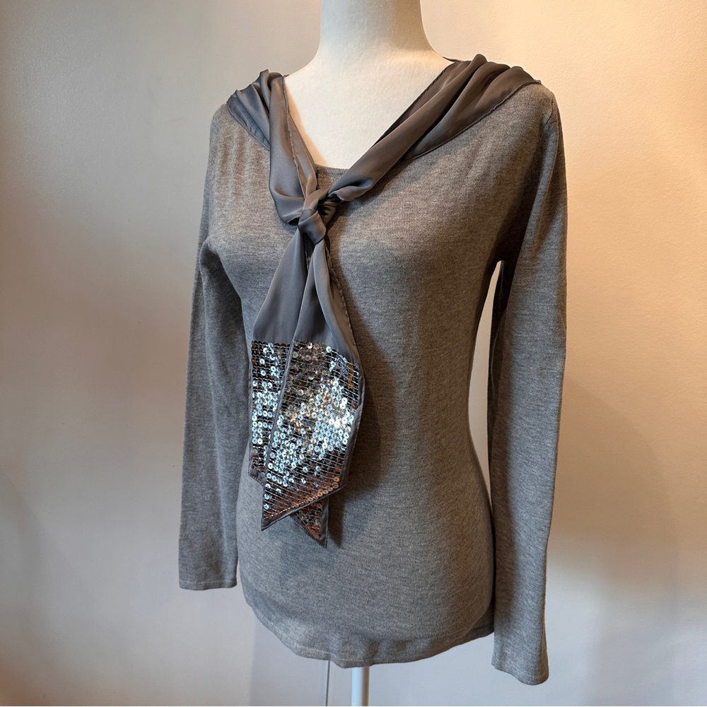 Color Works Gray Long Sleeve Sweater with Sequined Scarf Detail Size S